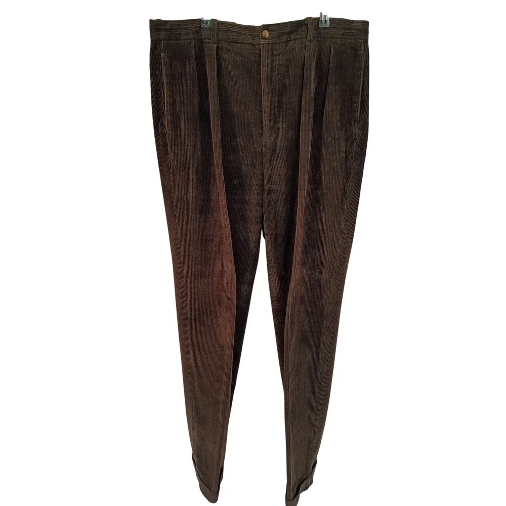 Nautica Mens Corduroy Pants 36x34 Olive Brown Pleated Cuffed Wide Wale Cotton